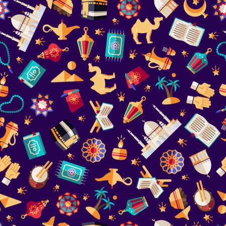 Seamless pattern with arabian signs and symbols scattered on dark purple background. Ramadan Kareem wrapping paper template. Vector illustrationのイラスト素材