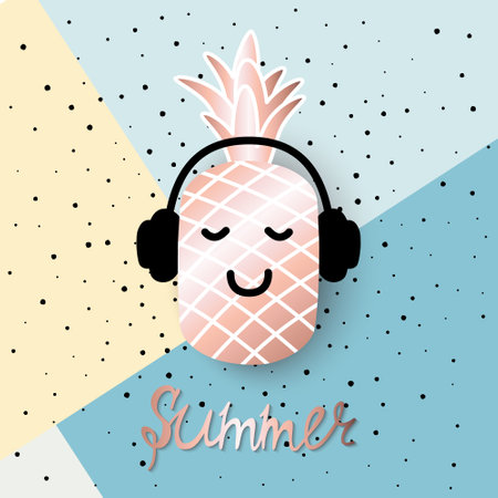 Vector summer card with rose gold pineapple in headphones. Trendy illustration in pastels colors on...