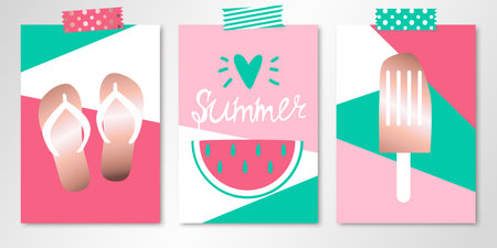 Set of three colorful summer cards with sandals, watermelon and ice cream on patchwork backgrounds. Vector templates with rose gold elements. All isolated and layeredのイラスト素材