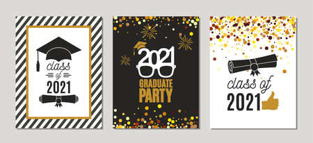 Graduation Class of 2021 golden greeting cards set. Three vector party invitations templates. Grad posters. All isolated and layered