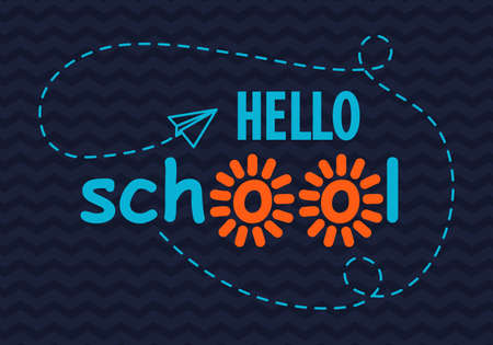 Hello School banner with flying paper plane on navy blue zigzag background. All isolated and layered. Vector illustrationのイラスト素材