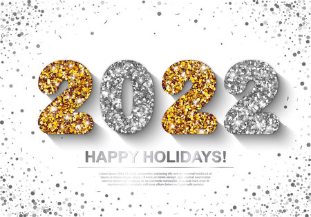 Happy Holidays festive Banner with glowing Gold and Silver 2022 Numbers on white Background with falling geometric Confetti. Vector illustration. All isolated and layeredのイラスト素材
