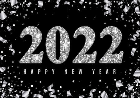 Happy New Year banner with glowing Silver 2022 Numbers on black Background with Flying geometric foil paper confetti and serpentine. Vector illustration. All isolated and layeredのイラスト素材
