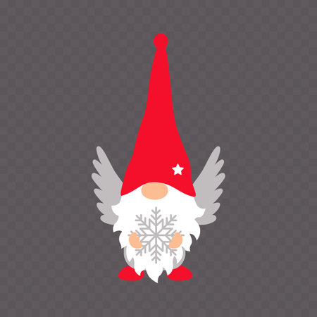 Christmas Gnome holding snowflake isolated on transparent background. Cute angel gnome. Vector illustrationのイラスト素材
