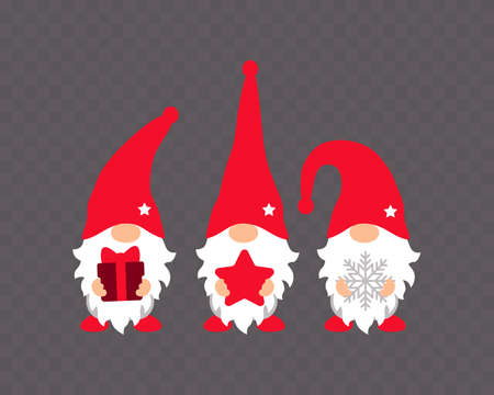 Christmas Gnomes isolated on transparent background. Three gnomes holding gift box, star and snowflake. Vector illustrationのイラスト素材
