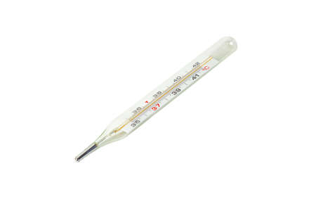 Glass medical mercury thermometer lies on a white isolated background