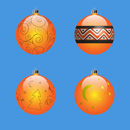 Vector image - a set of four Christmas balls in orange with different patterns on an isolated blue backgroundのイラスト素材