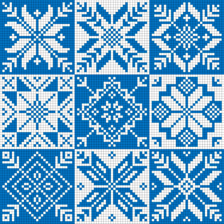 Vector pattern - a set of nine staggered snowflakes made in the style of Norwegian patterns for knitting from wool.のイラスト素材