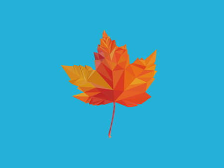 Vector image in the style of Low poly. Yellow-red maple leaf on a blue isolated background.