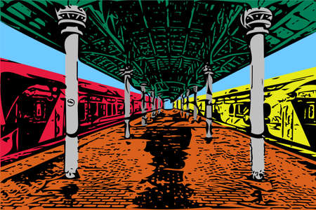 Vector outline drawing - Two trains stand near the railway stationのイラスト素材