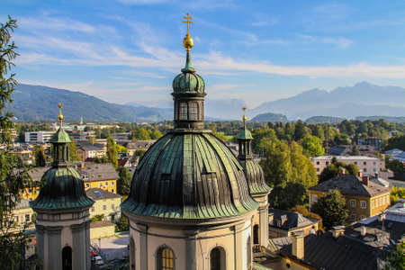 Beautiful view of the city of Salzburg, Austria, from the castle wall.の写真素材