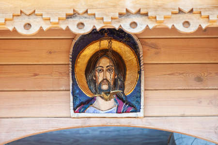 The icon depicting Jesus Christ is attached to the wall of the Orthodox Church.の写真素材