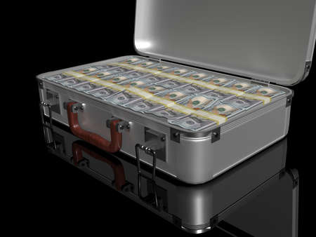3d rendering. Aluminum case stuffed to the top with bundles of hundred dollar bills.