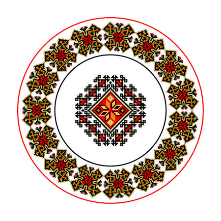 Round plate with a repeating geometric pattern on a white background.のイラスト素材