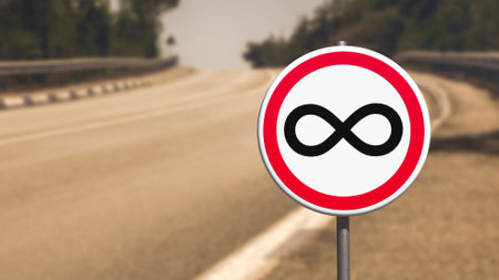 3D rendering - Road sign with infinity symbol on highway background.の写真素材