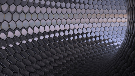 3D render - geometric background in the form of a tunnel of black hexagons.の写真素材