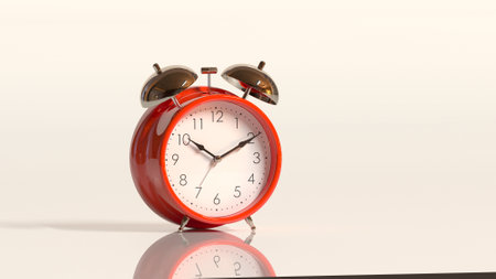 3D render - an orange alarm clock stands on a white glossy surface.