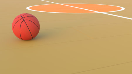 3D rendering - a basketball lies on a basketball court.の写真素材
