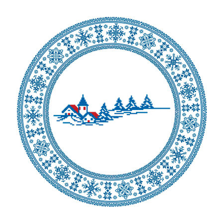 Vector drawing - round plate with a winter geometric pattern.のイラスト素材