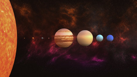 3D render - planets of the solar system lined up in one row.
