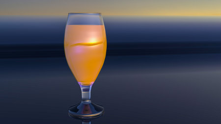 3D render - a glass of orange juice stands on a mirror surface.の写真素材