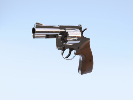 3D render - silver revolver on a blue backgroundの写真素材