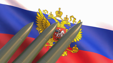 3D render - Russian military missiles against the background of the national flag of the Russian Federation.の写真素材