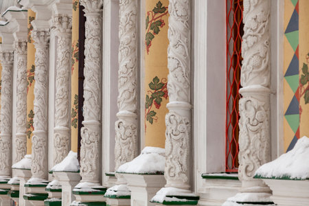 Picturesque carved columns of the Trinity-Sergius Lavra in Sergiev Posad, Russia.