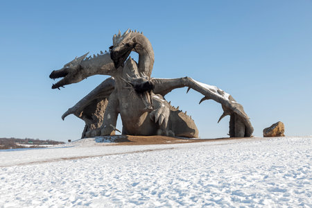 LIPETSK, RUSSIA - FEBRUARY 24, 2025: A huge statue of the Serpent Gorynych in the Kudykina Gora Park.の写真素材