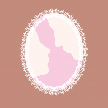 couple in love illustration, lace-like oval frameのイラスト素材