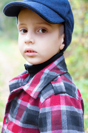 child boy fashion portrait check coat wool capの写真素材