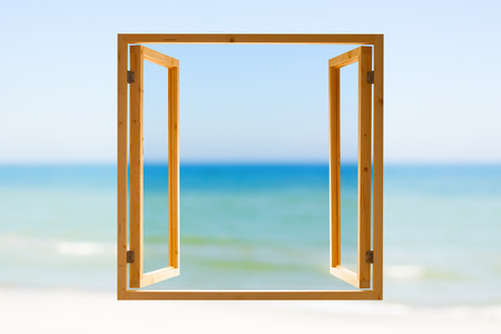 frame  window open wooden sky sea view background shallow DOFの写真素材