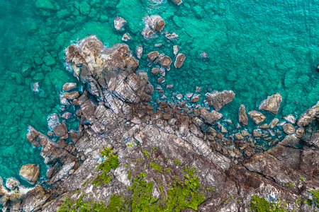 Aerial view of rocky coastline at Perhentian Islands, Terengganu, Malaysia from a Droneの写真素材