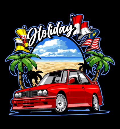 red sedan beach background and coconut treesのイラスト素材