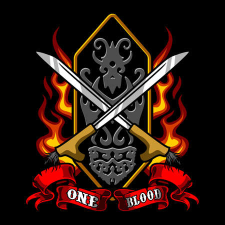 Dayak shield flanked by two swordsのイラスト素材