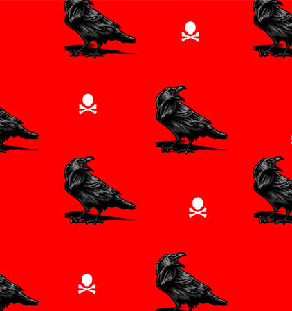 crows lined up on a red backgroundのイラスト素材