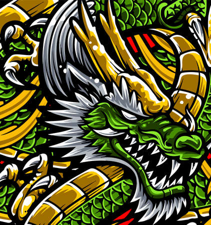 green dragon coiled red backgroundのイラスト素材