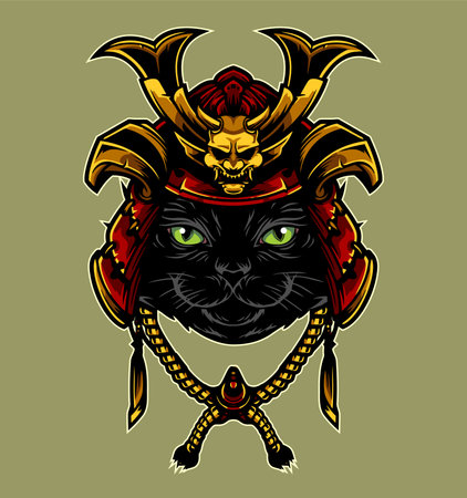 cat wearing a samurai helmetのイラスト素材
