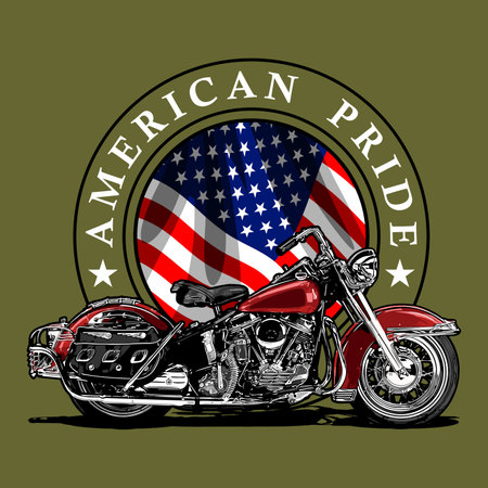 red motorcycle side view with american flag backgroundのイラスト素材