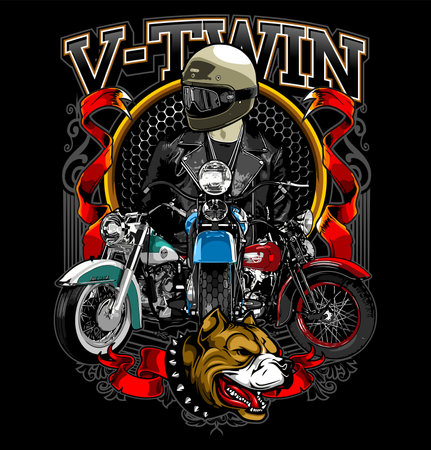 three classic motorbikes with a biker backgroundのイラスト素材