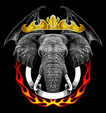 elephant and fire on the background of bat wingsのイラスト素材