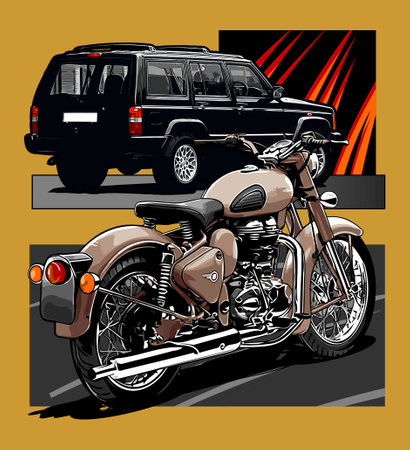 vintage motorbike and suv vector templateのイラスト素材