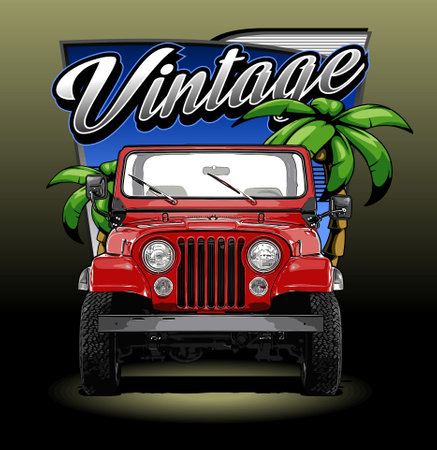 Vintage truck with palm trees on the background. Vector illustration.のイラスト素材
