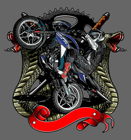 Motorcycle rider. Motorcycle biker with a motorcycle wheel. Vector illustration.のイラスト素材