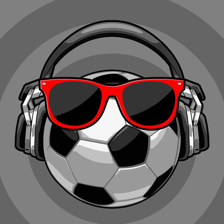 Illustration of a soccer ball with headphones and sunglasses on a gray backgroundのイラスト素材