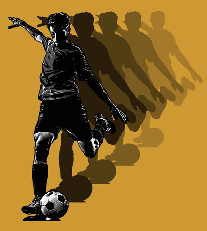 Silhouette of a soccer player on a yellow background with shadowのイラスト素材