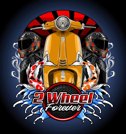 Vector illustration of a motorcycle on a dark background with fire flames.のイラスト素材