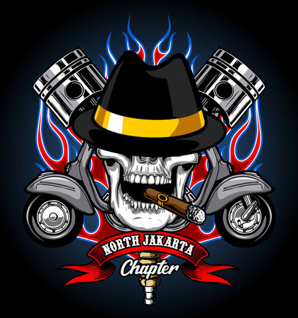 Skull with a hat and a cigar on a motorcycle background.のイラスト素材