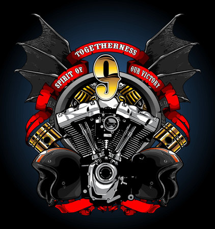 Biker club emblem with motorcycle engine and wings. Vector illustration.のイラスト素材