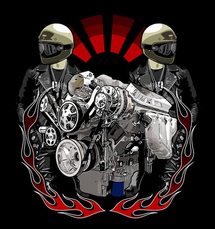 Motorcycle engine, vector illustration on a black background. Motorcycle engine.のイラスト素材